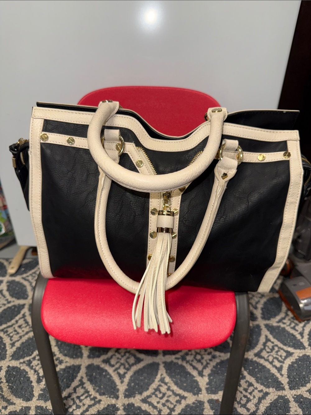 Big Buddha Black and Cream Tote with Tassel